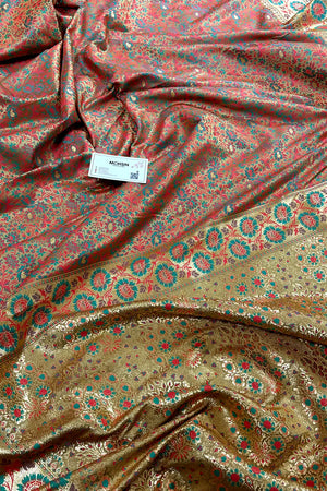Gold and Peach Jungli Jaal Katan Silk Banarasi Saree