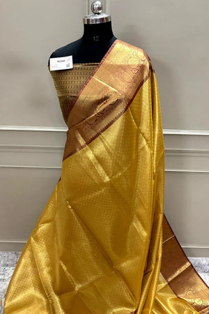 Yellow and Wine Tissue Silk Banarasi Saree