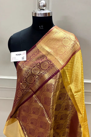 Yellow and Wine Tissue Silk Banarasi Saree
