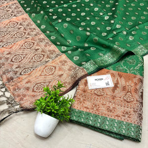 Green and Gold Zari Border Cotton Silk Banarasi Suit