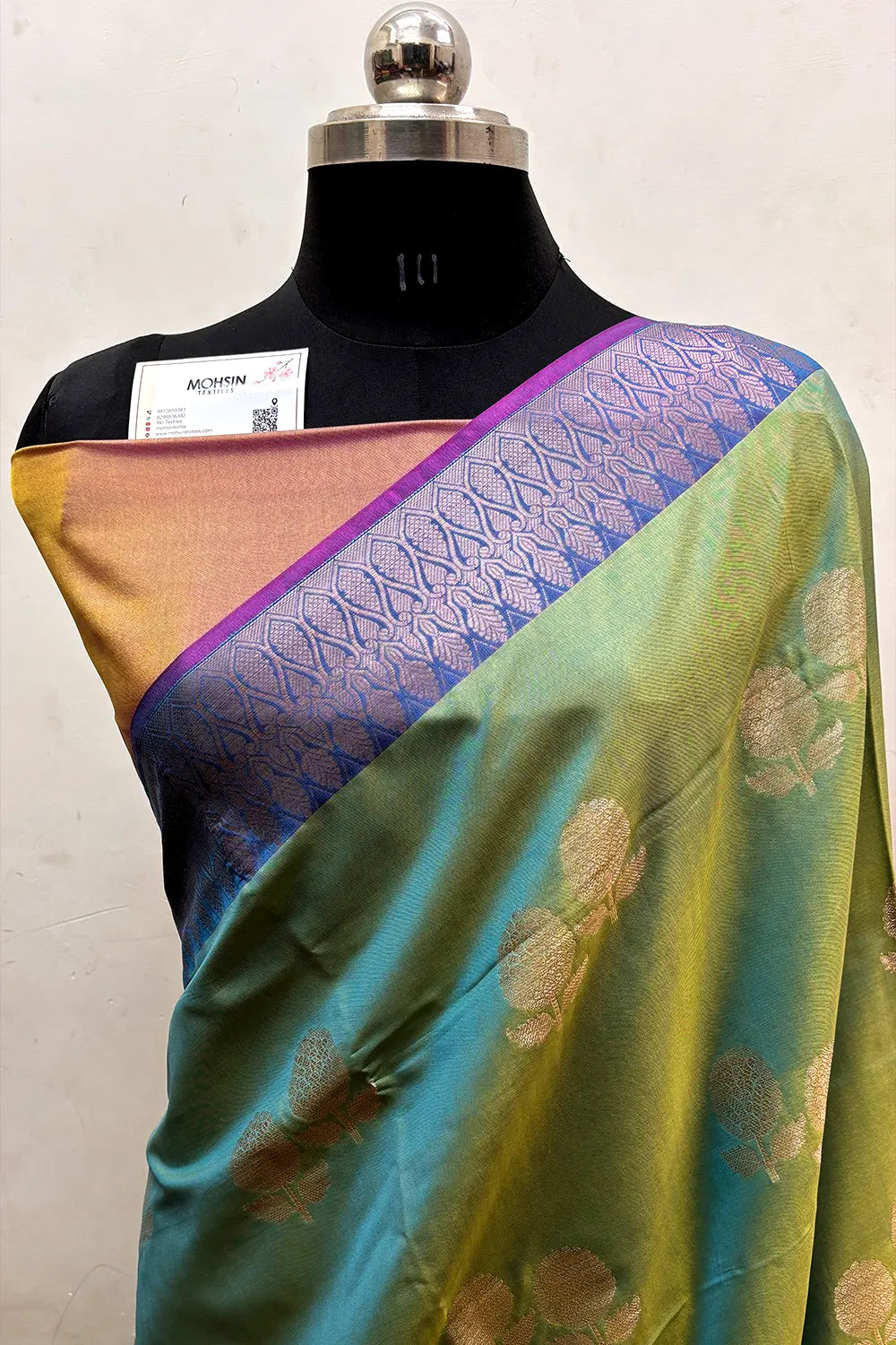 Green and Mustard Zari Semi Katan Silk Banarasi Saree