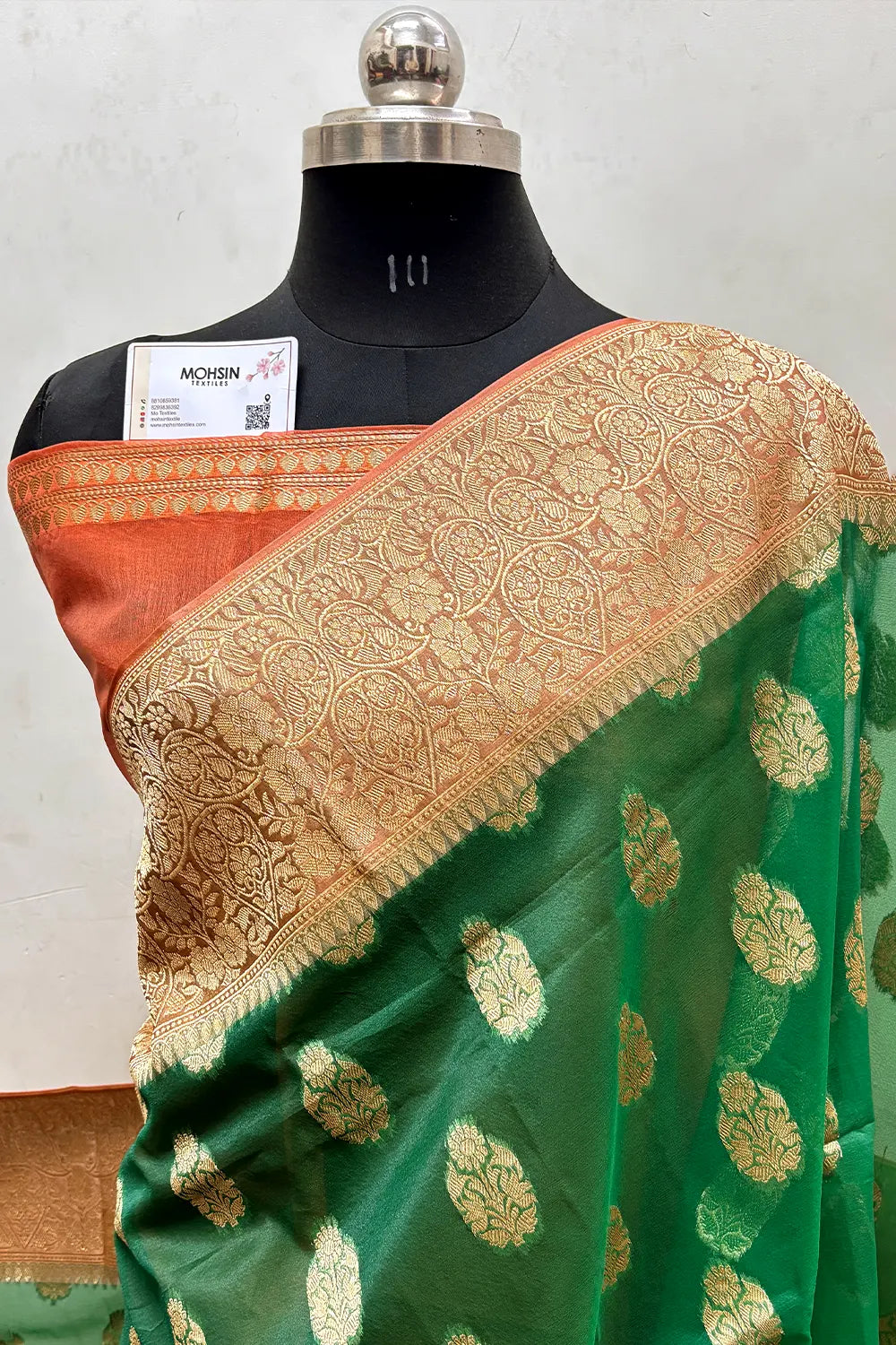 Green and Peach Organza Silk Banarasi Saree
