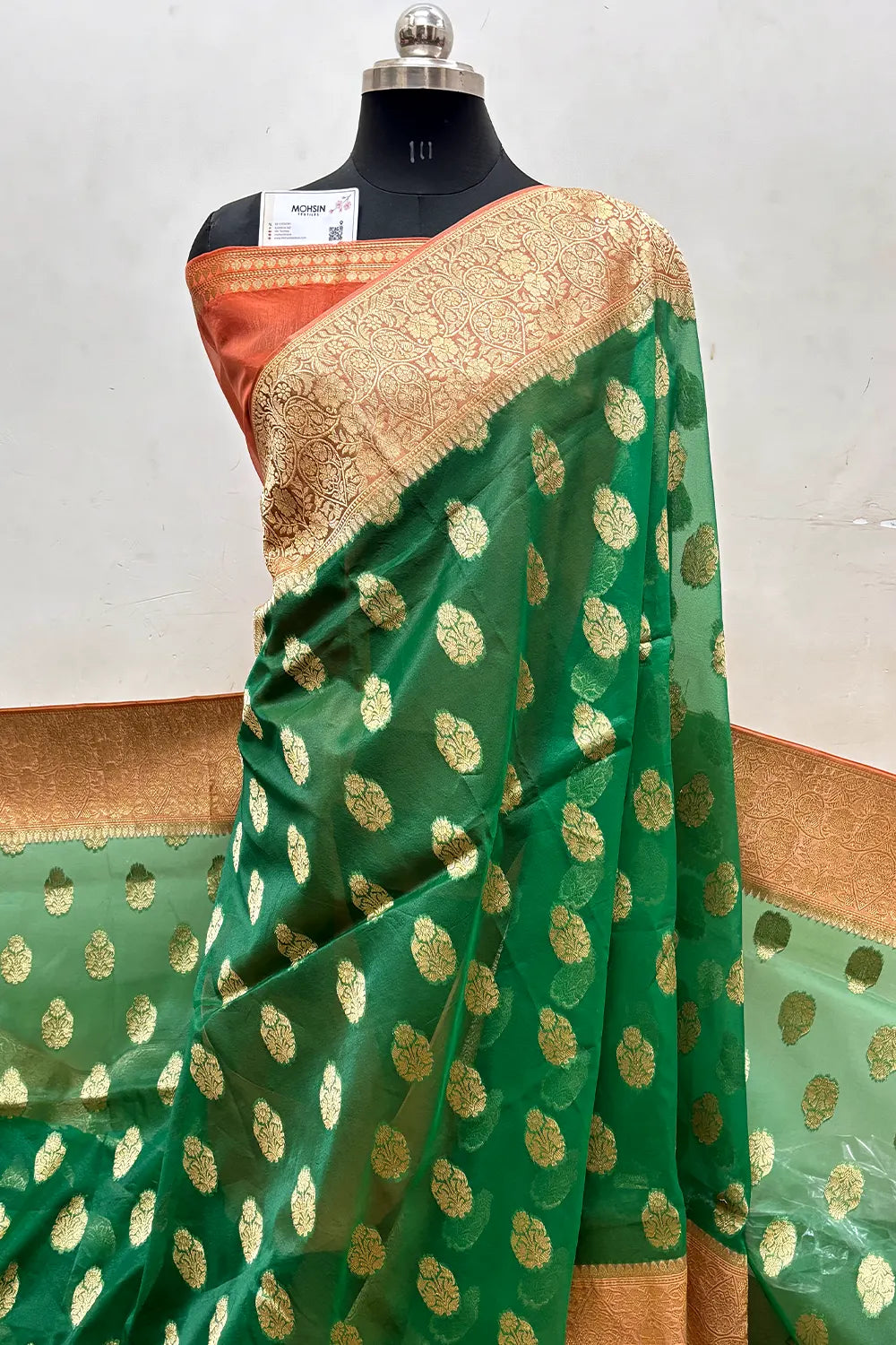 Green and Peach Organza Silk Banarasi Saree