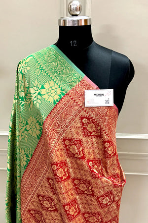 Green and Red Zari Banarasi Silk Saree