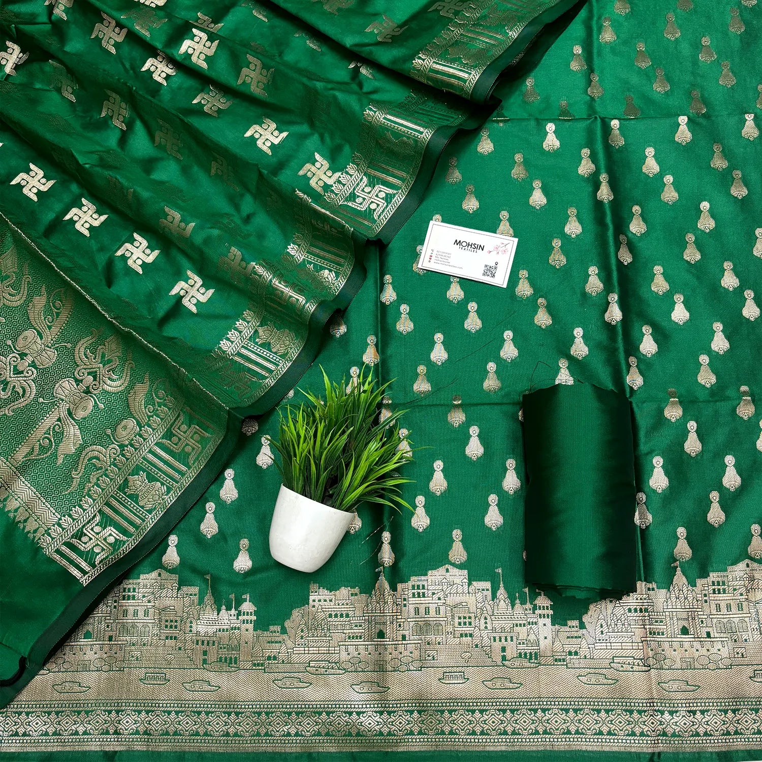 Green Assi Ghat Aarti Semi Katan Silk Banarasi Suit