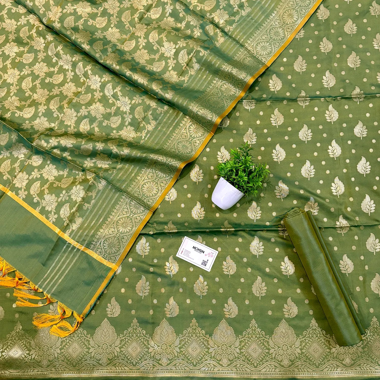 Green Pankh Buti Satin Silk Banarasi Suit