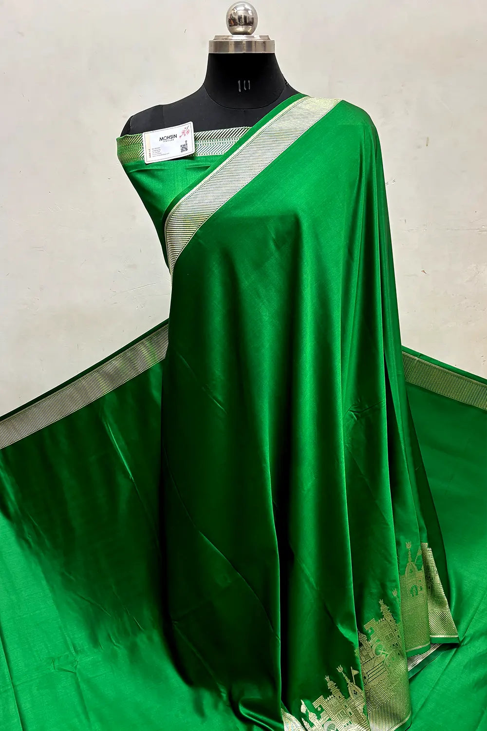 Green Plain Ghat Katan Satin Silk Banarasi Saree