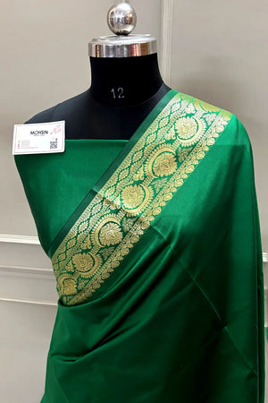 Green Plain Semi Katan Silk Banarasi Saree