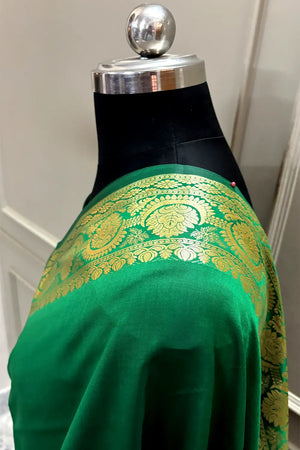 Green Plain Semi Katan Silk Banarasi Saree