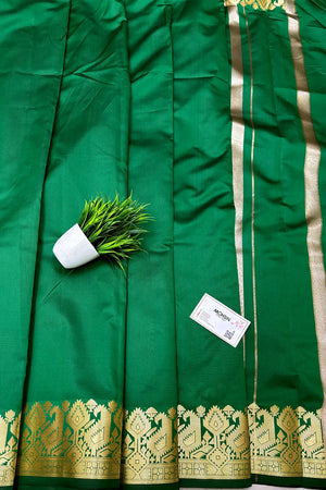 Green Plain Semi Katan Silk Banarasi Saree