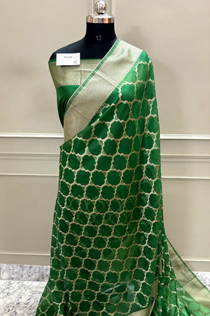 Green Zari Organza Silk Banarasi Saree