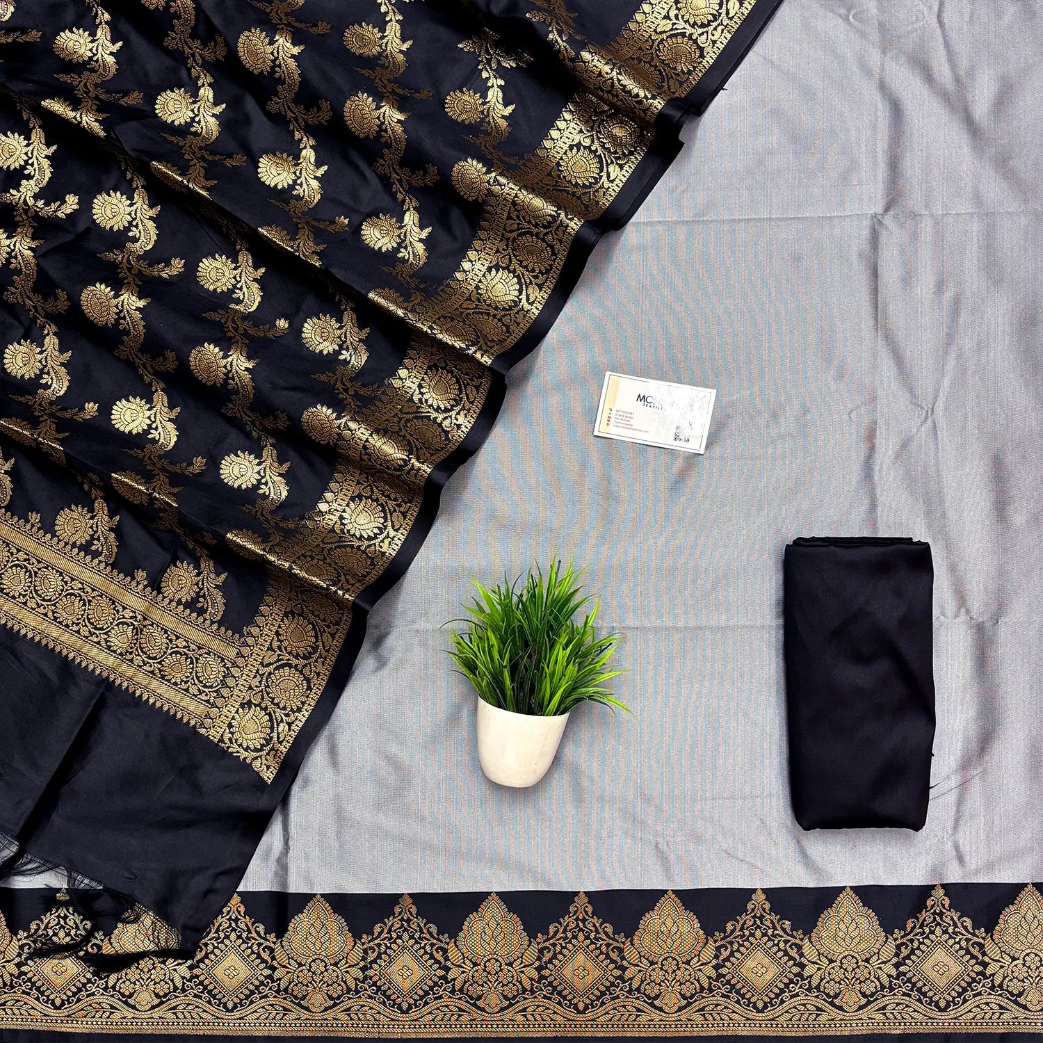 Grey and Black Plain Semi Katan Silk Banarasi Silk Suit
