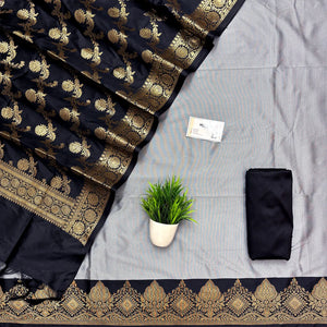 Grey and Black Plain Semi Katan Silk Banarasi Silk Suit