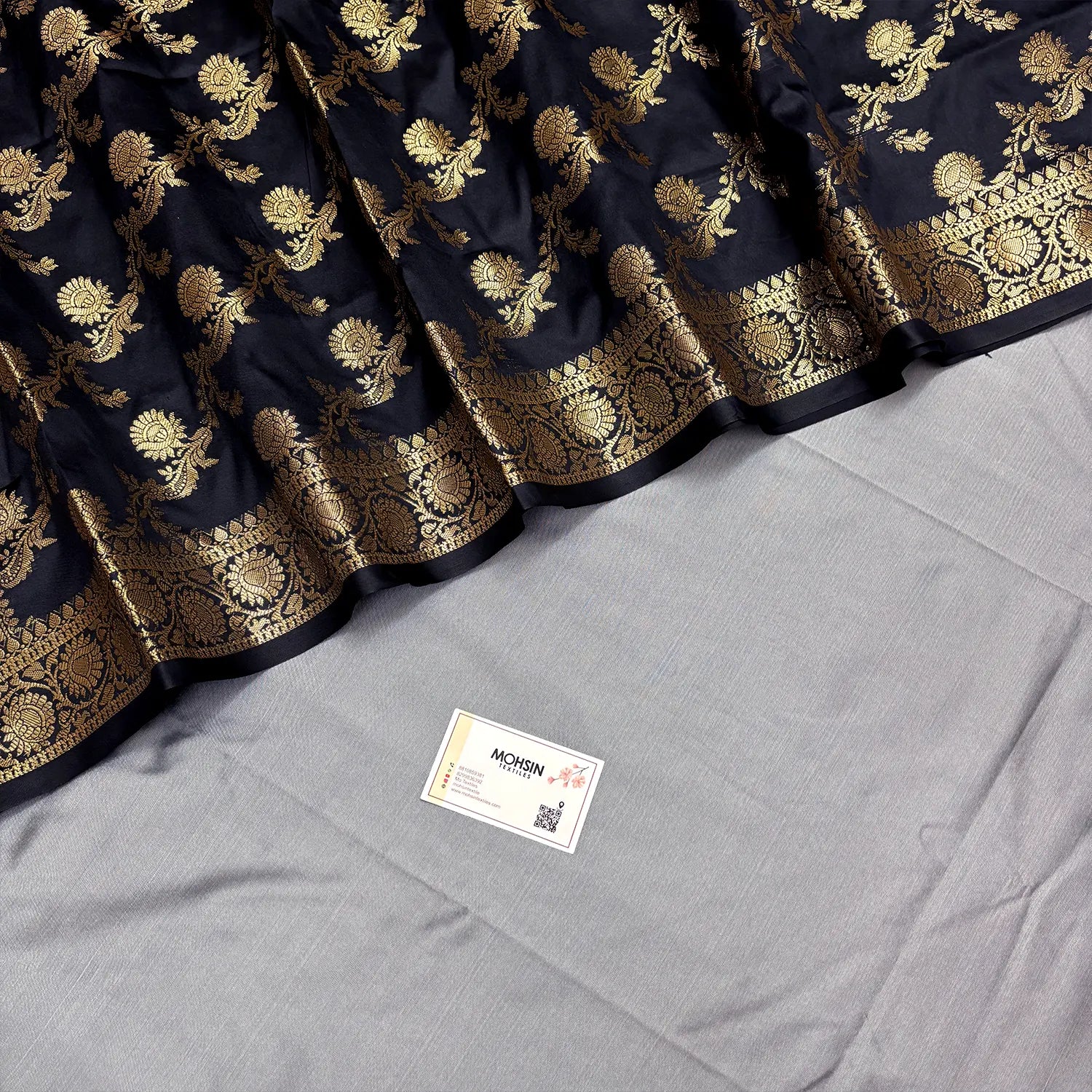 Grey and Black Plain Semi Katan Silk Banarasi Silk Suit