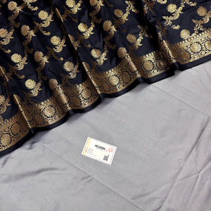 Grey and Black Plain Semi Katan Silk Banarasi Silk Suit