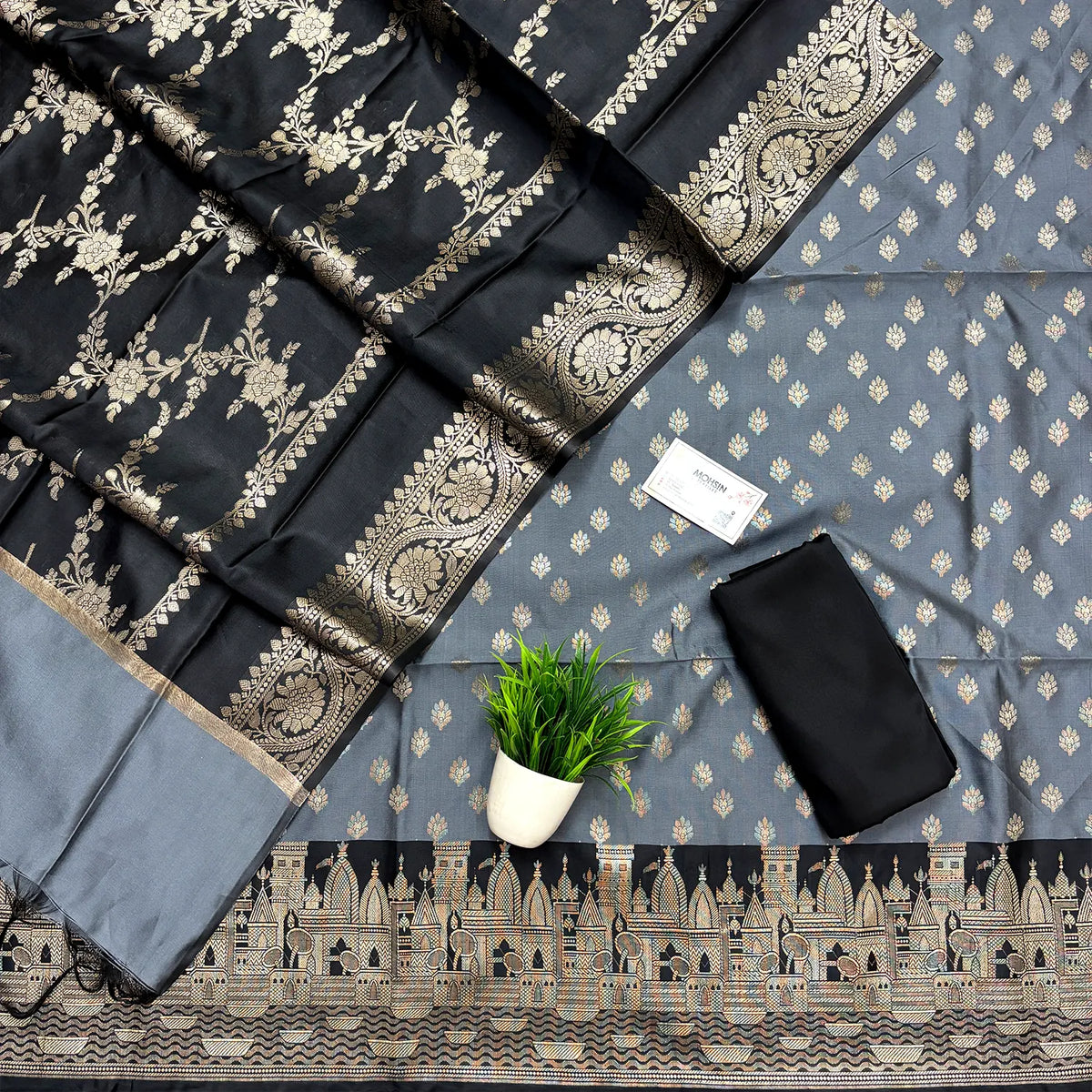 Grey and Black Ghat Buti Semi Katan Silk Banarasi Suit