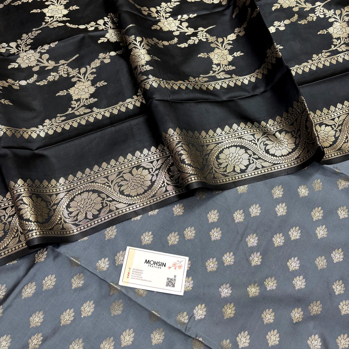 Grey and Black Ghat Buti Semi Katan Silk Banarasi Suit