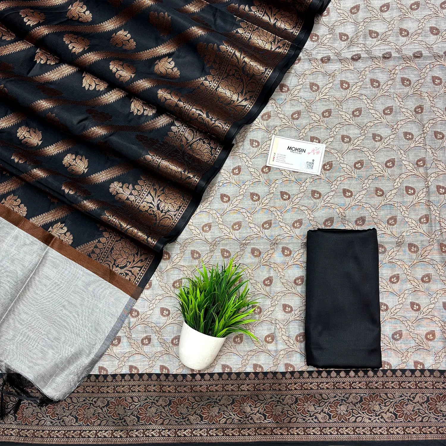 Grey and Black Patti Jaal Banarasi Silk Suit