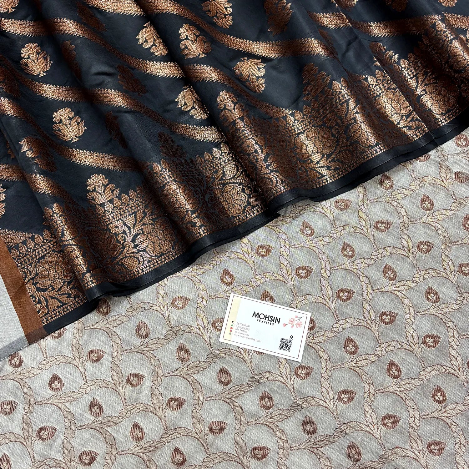 Grey and Black Patti Jaal Banarasi Silk Suit