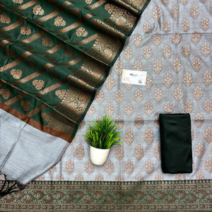 Grey and Bottle Green Banarasi Silk Suit