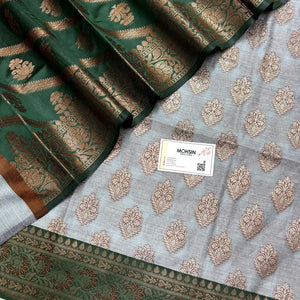 Grey and Bottle Green Banarasi Silk Suit