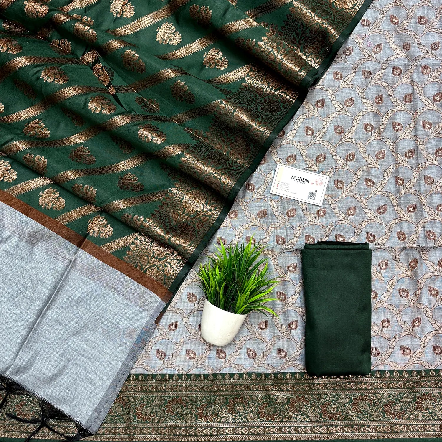Grey and Bottle Green Patti Jaal Banarasi Silk Suit