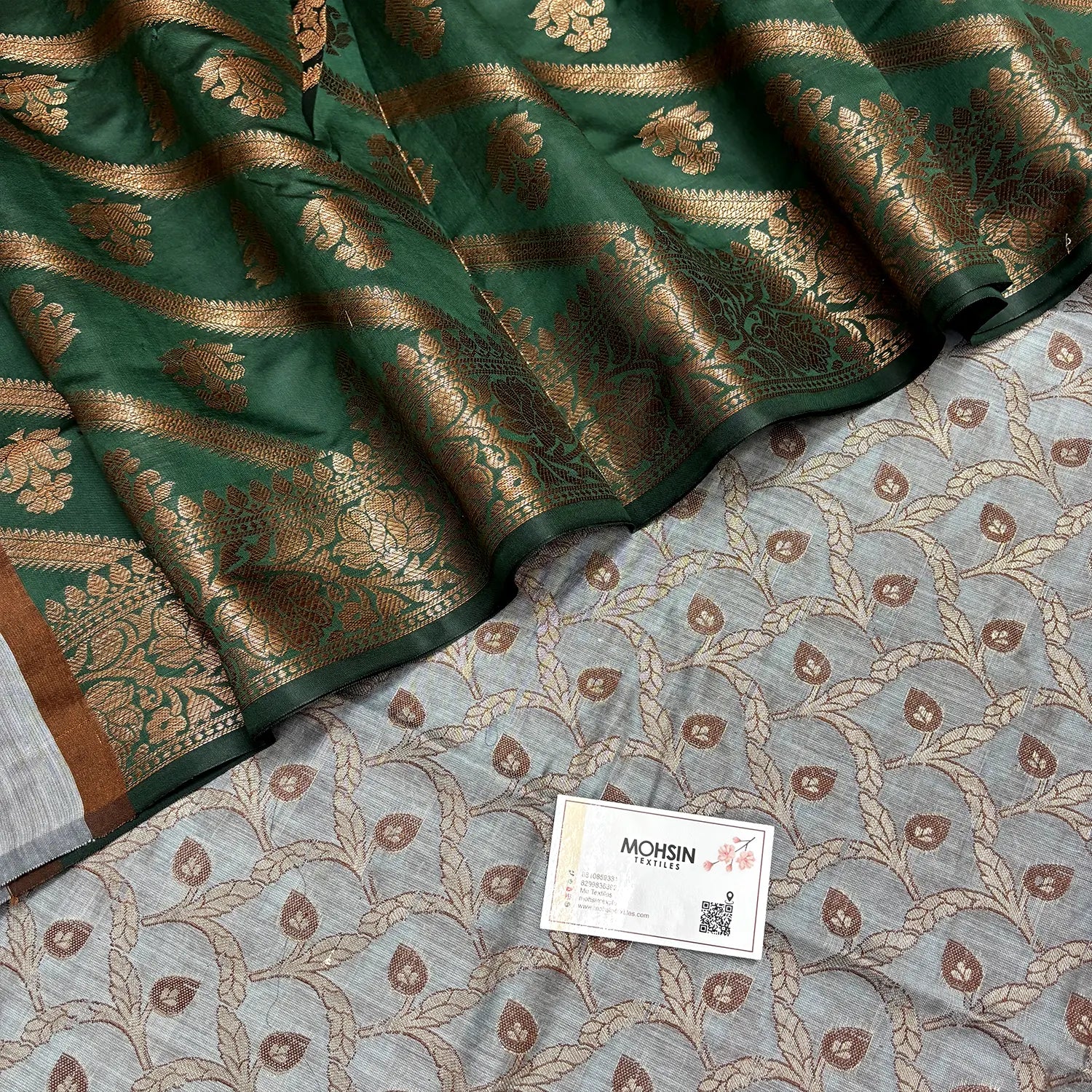 Grey and Bottle Green Patti Jaal Banarasi Silk Suit