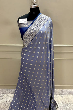 Grey and Navy Blue Ghonga Buti Katan Silk Banarasi Saree