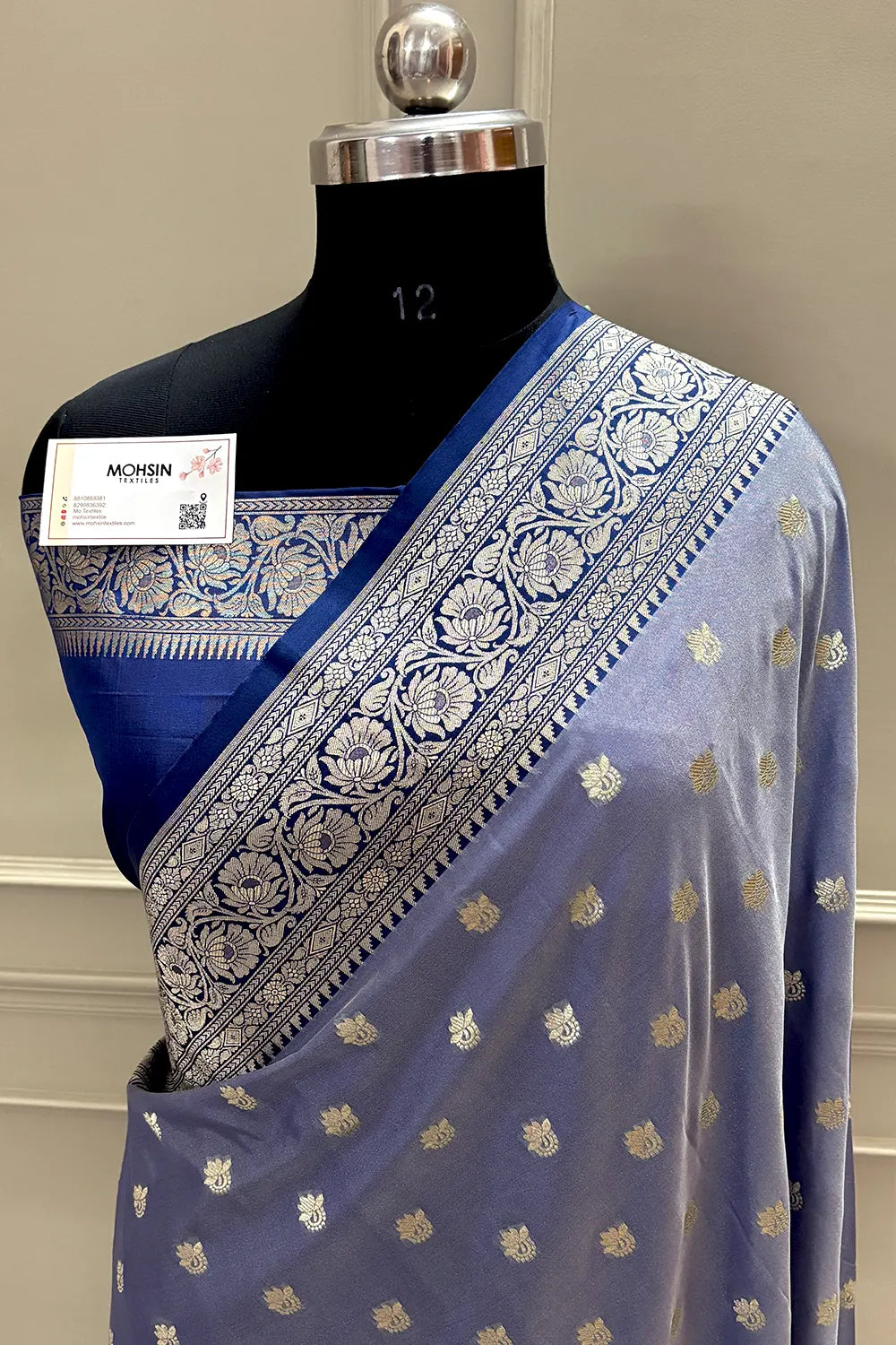 Grey and Navy Blue Ghonga Buti Katan Silk Banarasi Saree