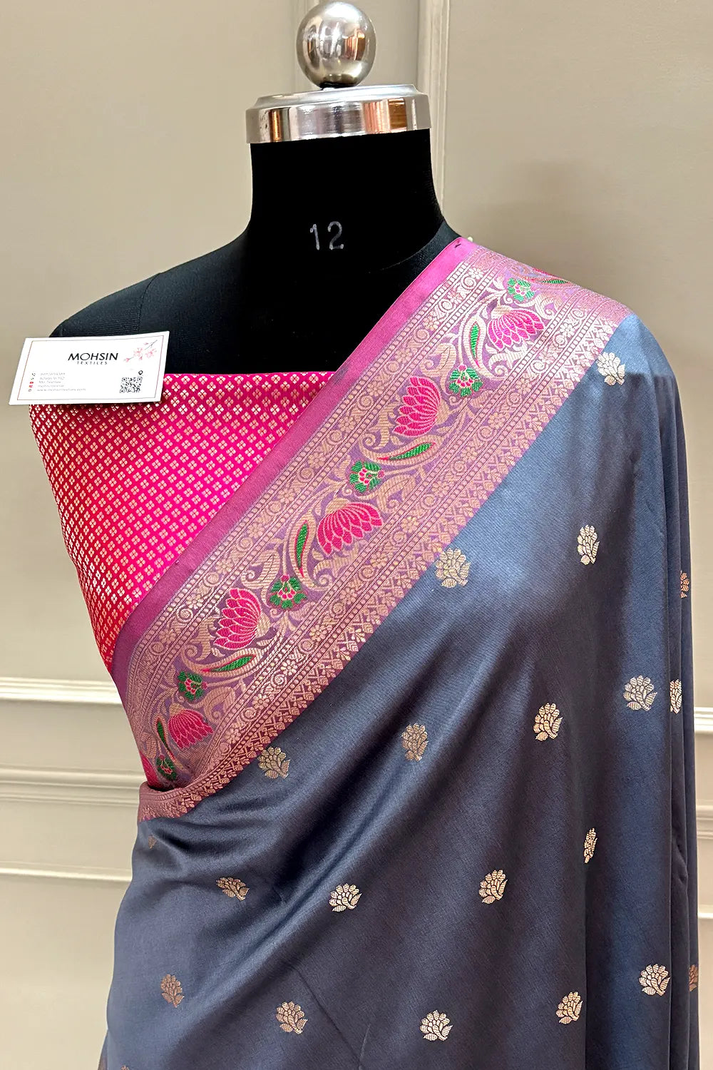 Grey and Pink Buti Banarasi Silk Saree