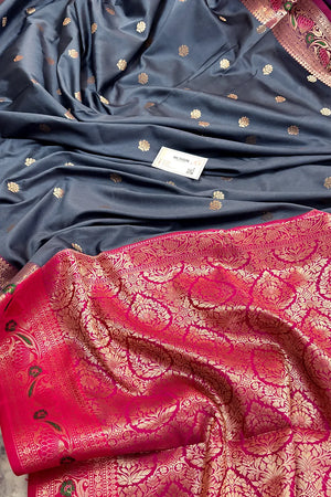 Grey and Pink Buti Banarasi Silk Saree