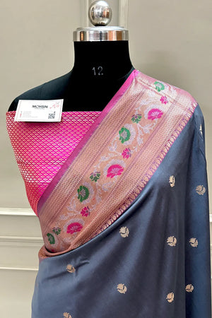 Grey and Pink Buti Banarasi Silk Saree