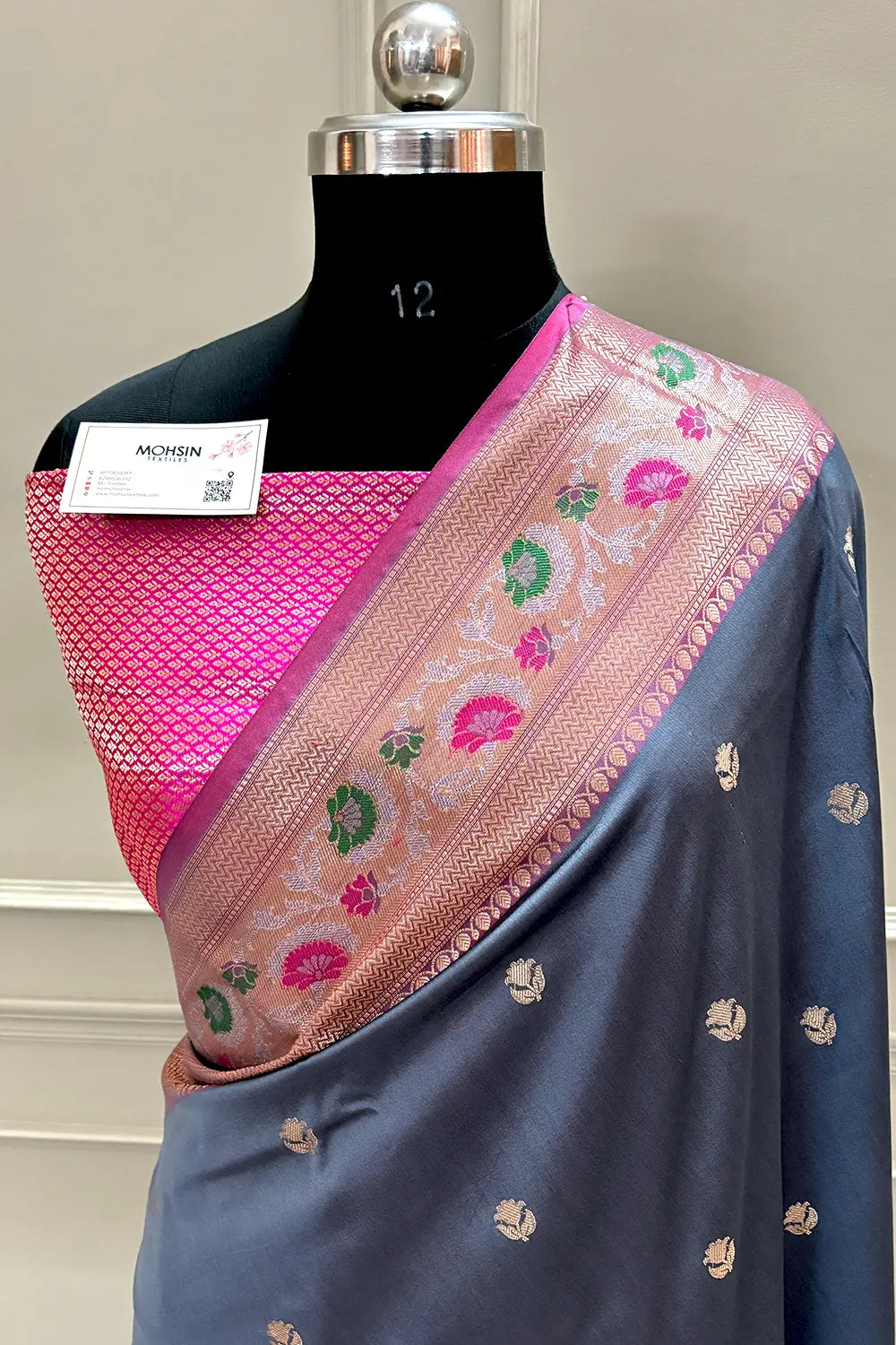 Grey and Pink Buti Banarasi Silk Saree
