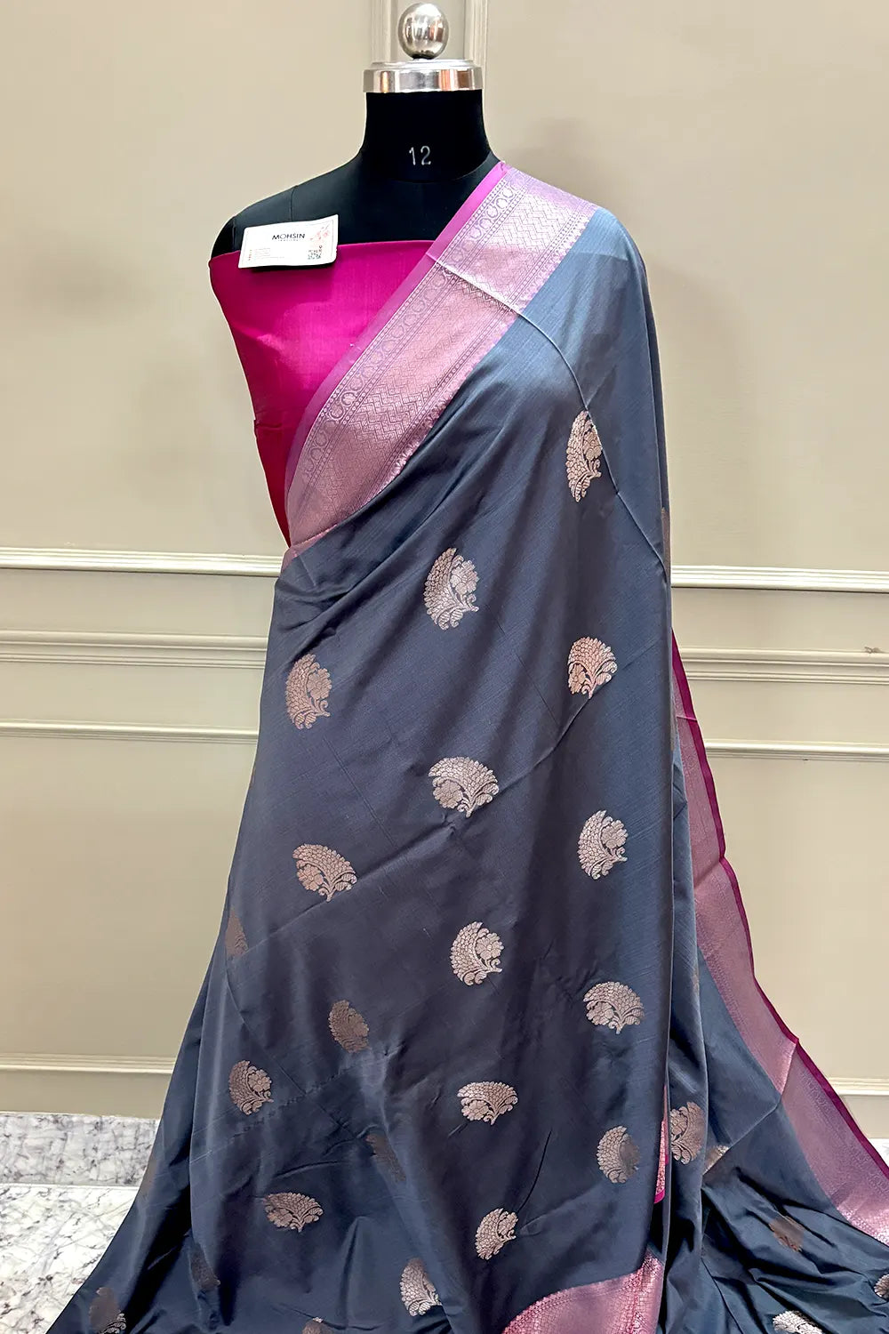 Grey and Pink Golden Zari Banarasi Silk Saree