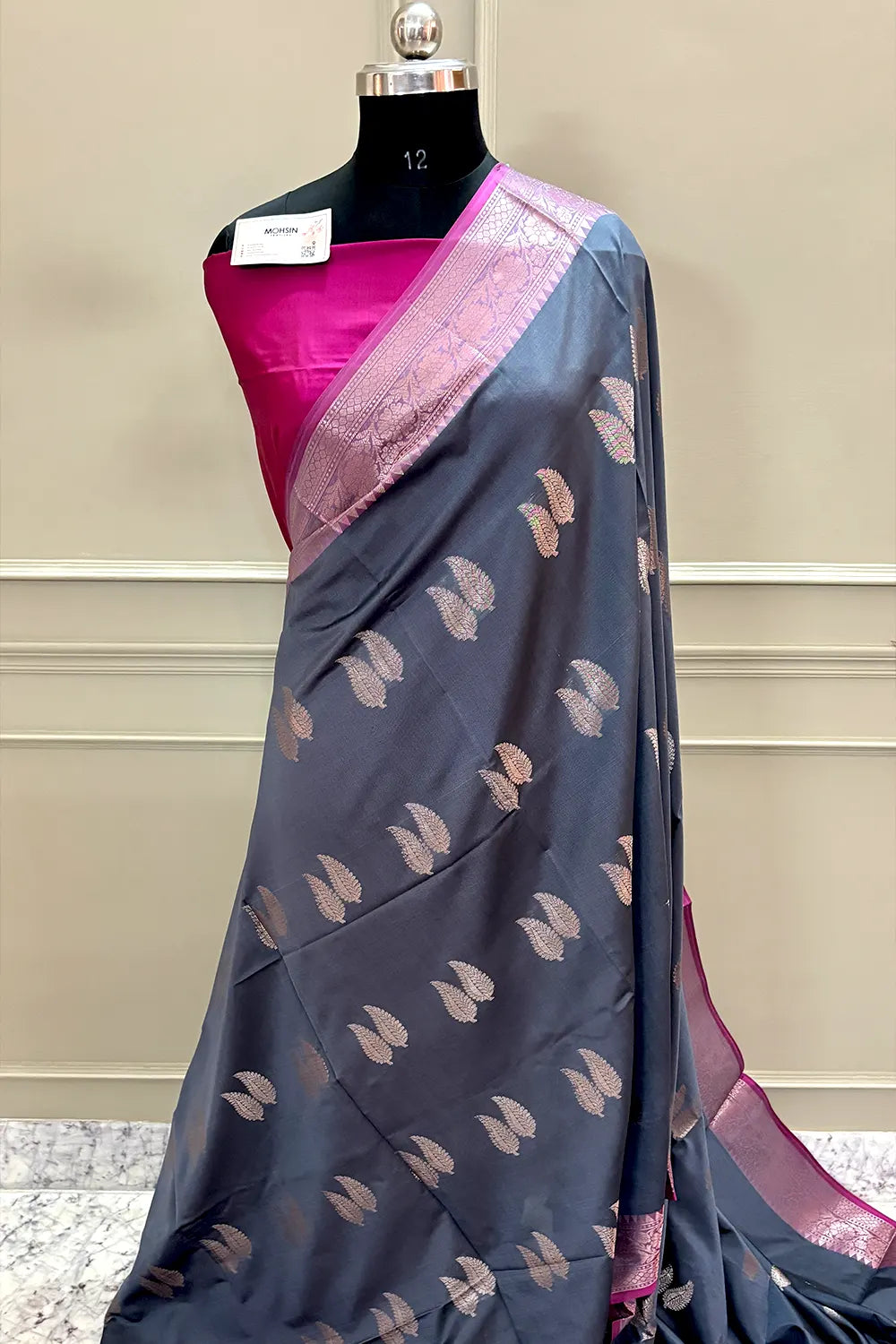 Grey and Pink Golden Zari Banarasi Silk Saree