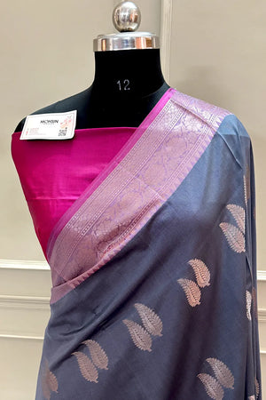 Grey and Pink Golden Zari Banarasi Silk Saree