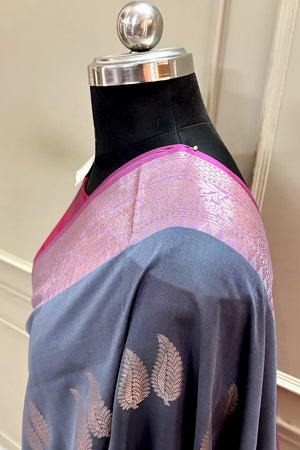 Grey and Pink Golden Zari Banarasi Silk Saree