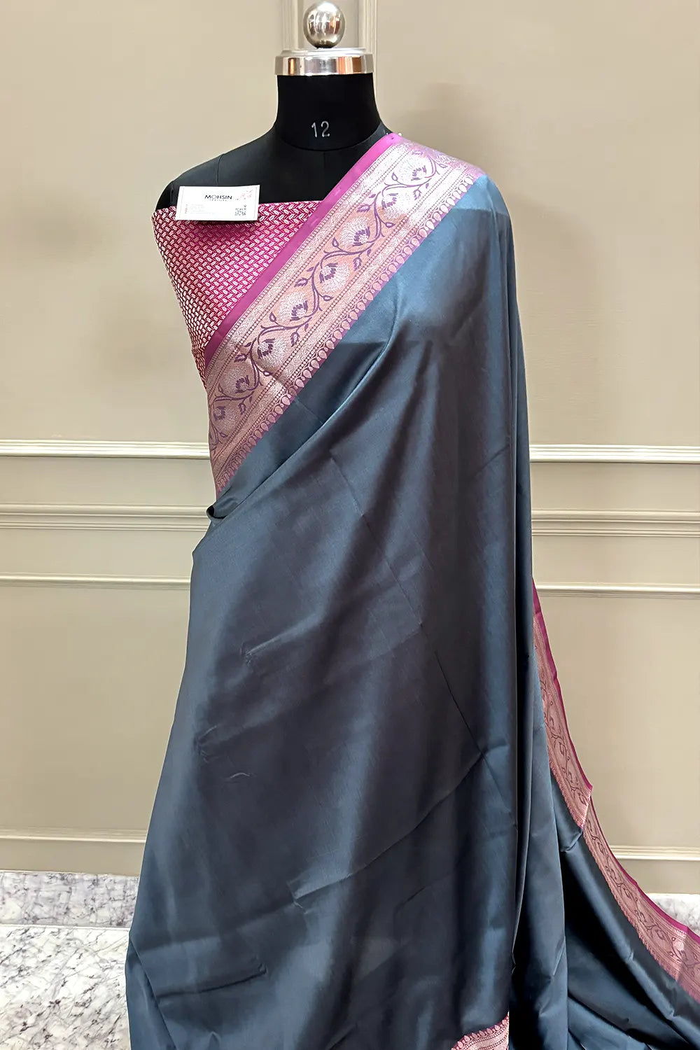 Grey and Pink Plain Banarasi Silk Saree