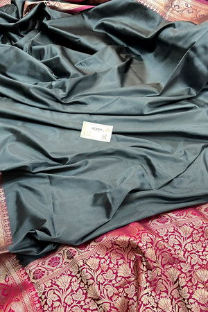 Grey and Pink Plain Banarasi Silk Saree