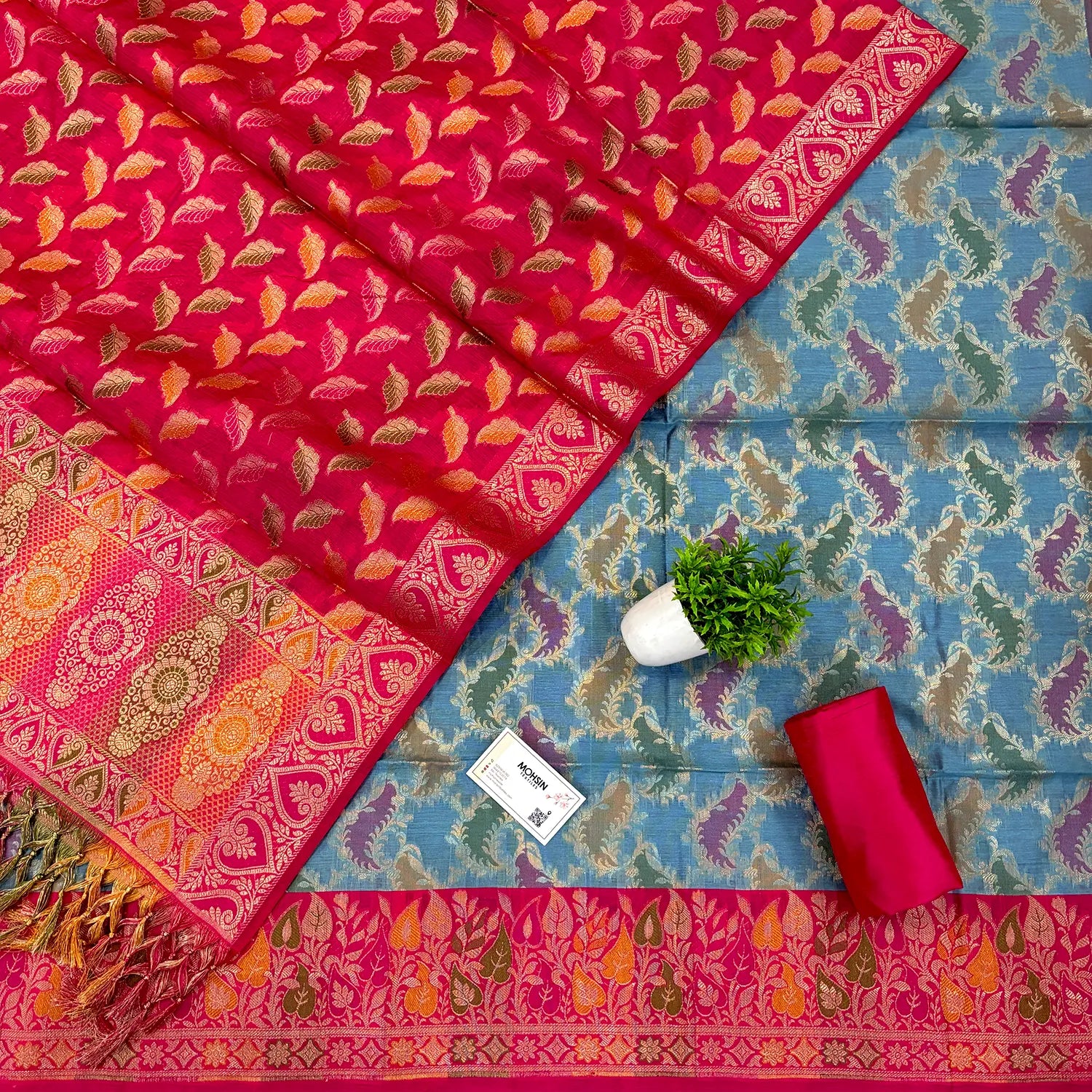 Grey and Pink Resham Banarasi Silk Suit