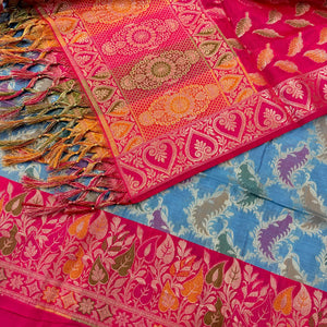 Grey and Pink Resham Banarasi Silk Suit