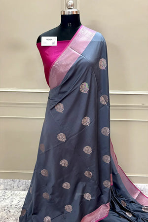 Grey and Pink Zari Banarasi Silk Saree