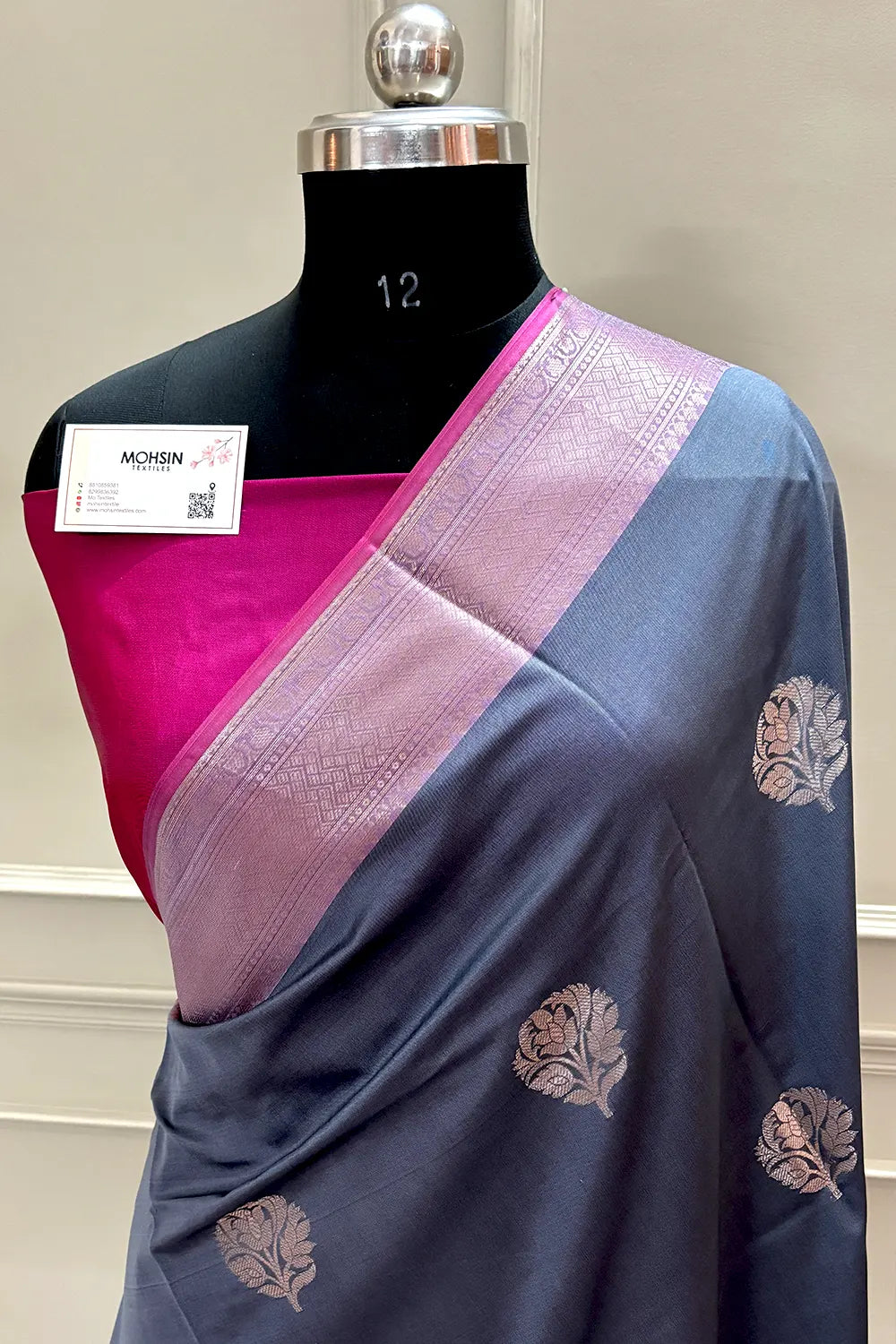 Grey and Pink Zari Banarasi Silk Saree