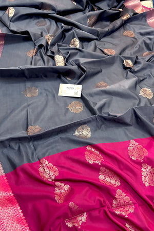 Grey and Pink Zari Banarasi Silk Saree