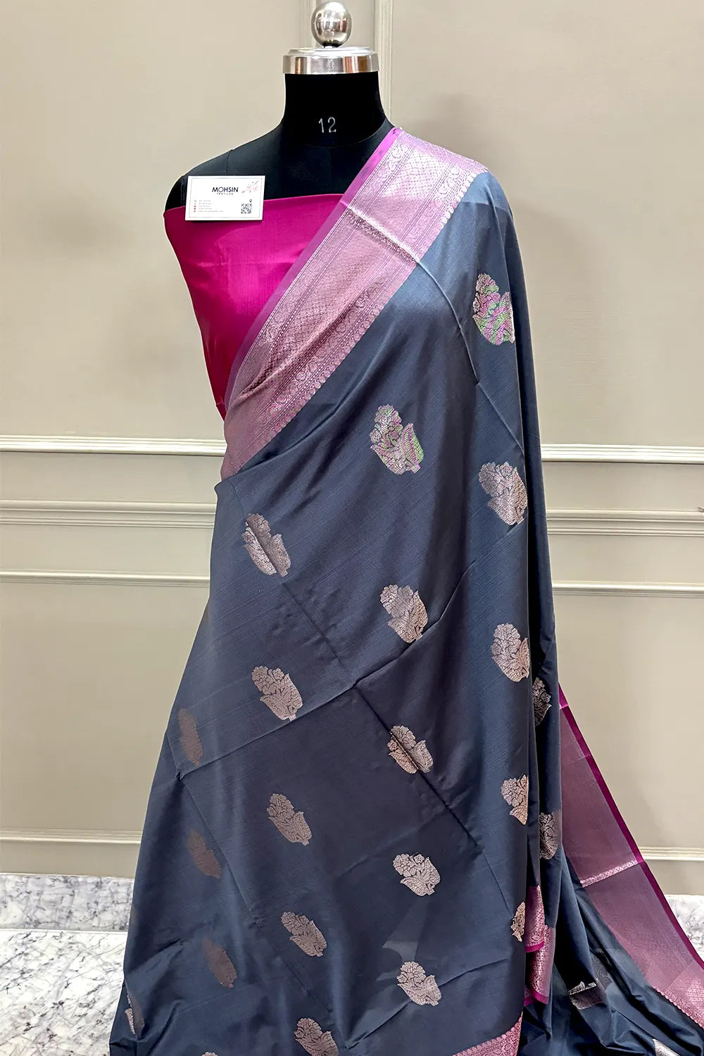 Grey and Pink Zari Banarasi Silk Saree