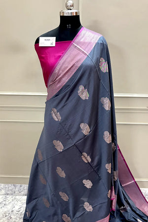Grey and Pink Zari Banarasi Silk Saree