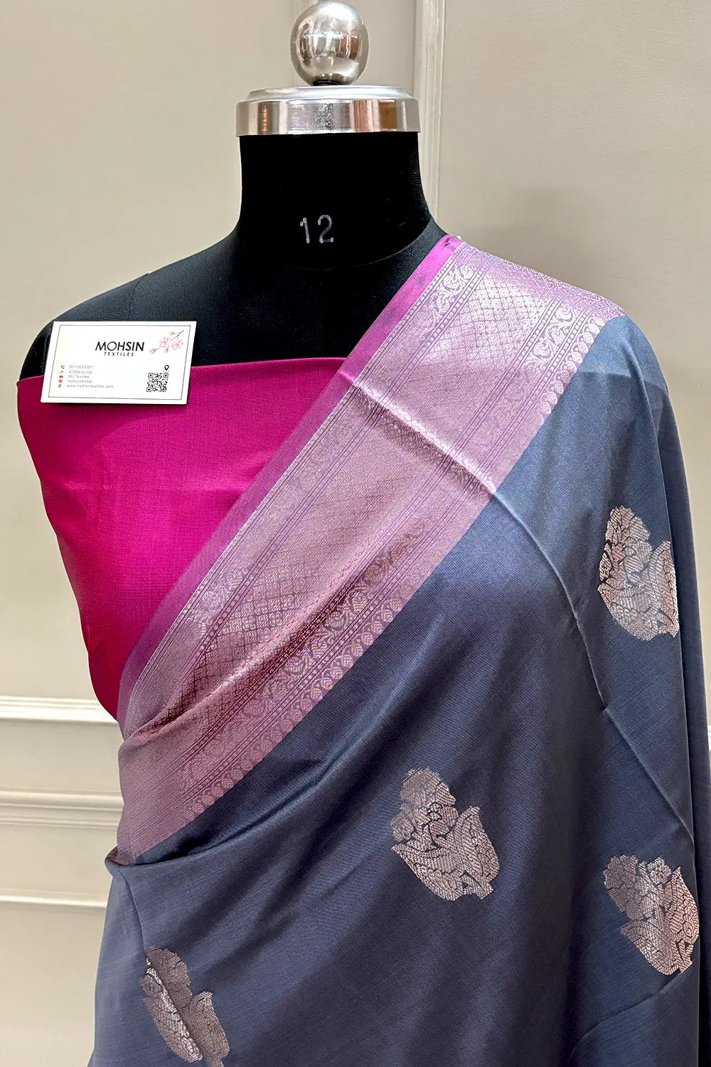 Grey and Pink Zari Banarasi Silk Saree