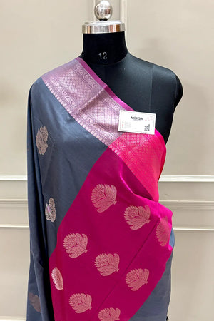 Grey and Pink Zari Banarasi Silk Saree