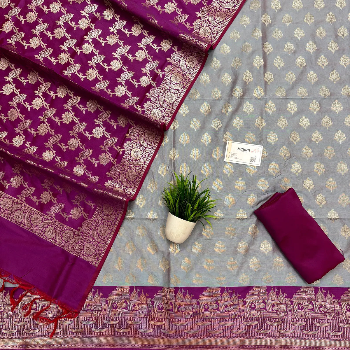 Grey and Purple Ghat Buti Semi Katan Silk Banarasi Suit