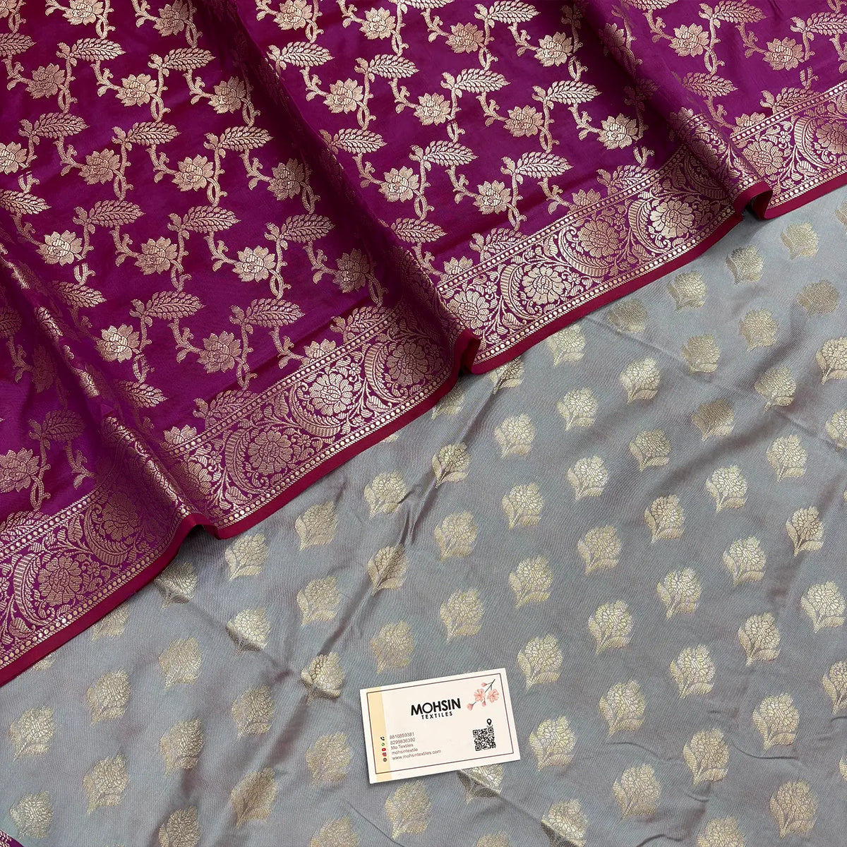 Grey and Purple Ghat Buti Semi Katan Silk Banarasi Suit